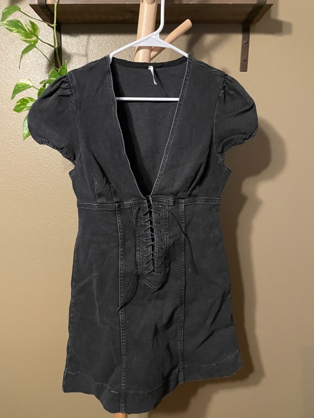 NWOT Free People Dark Denim Mini Dress with Deep V Neck - Picture 2 of 7